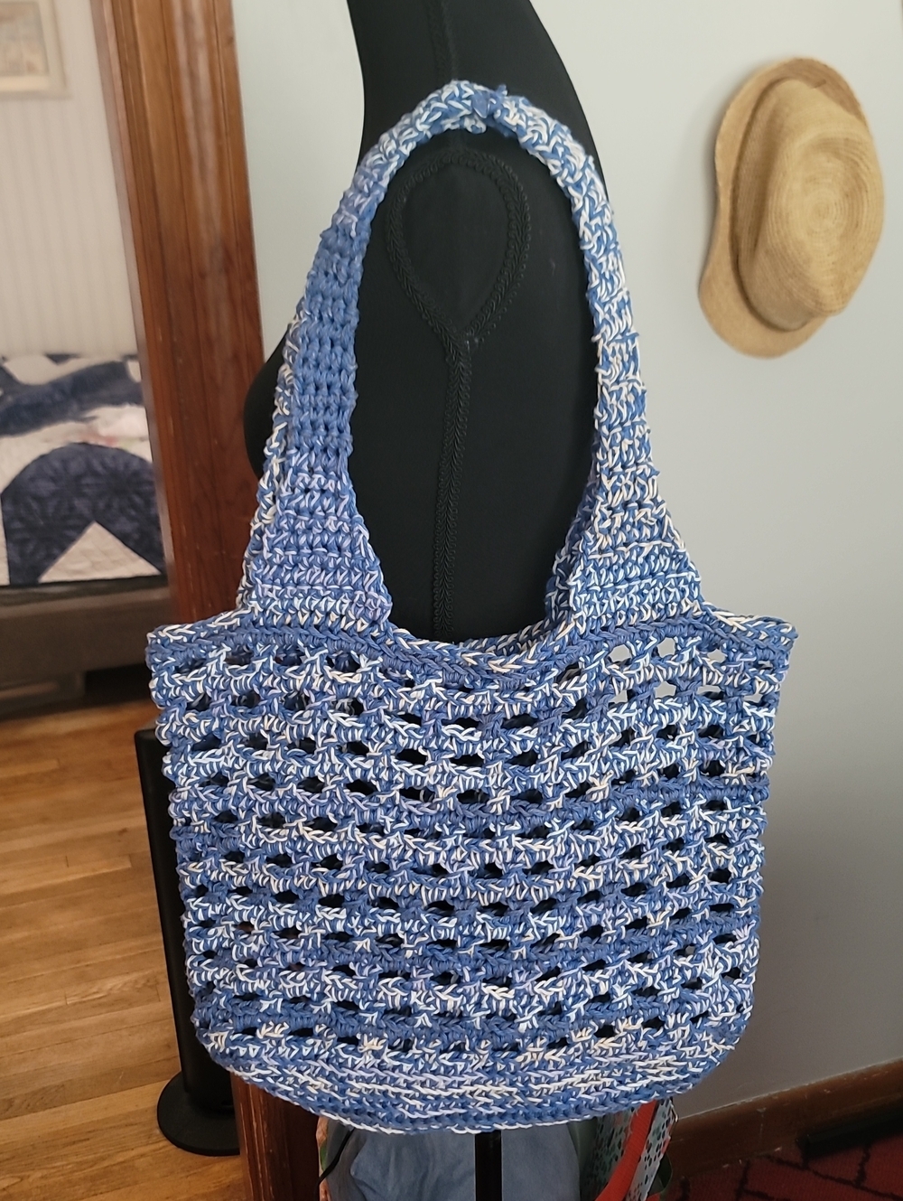 Hand Crocheted Blue Peek-a-Boo Market  Tote Bag